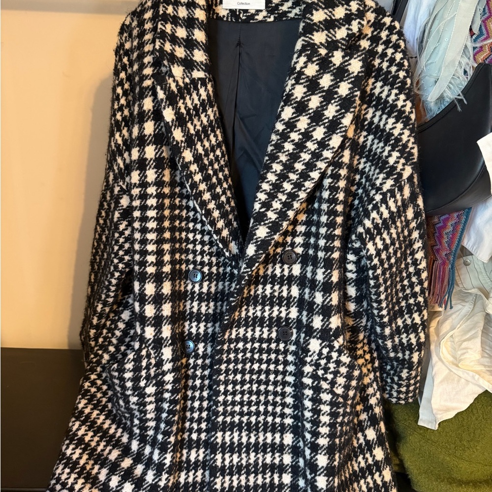 ba&sh Black and White Houndstooth Double-Breasted Pea Coat